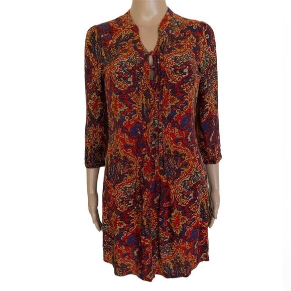 Lucky Brand Rust Orange Multicolor Paisley Print 3/4 Sleeves Tunic Mini Dress XS - Picture 1 of 7